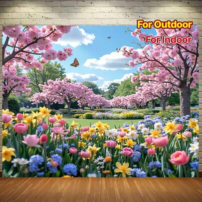 充满活力的春日花卉摄影背景，粉色郁金香和混合花卉，木地板，非常适合复活节生日派对和迎婴派对等多功能横幅背景。多种场景可供选择。
