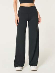Pantalones rectos de cintura alta y pierna ancha para mujer, pantalones deportivos casuales suaves y cómodos, con cintura levantadora, mallas de yoga de ajuste ceñido, de tela elástica para uso en primavera/verano, fitness y uso diario, color negro - Negro - Ver 2