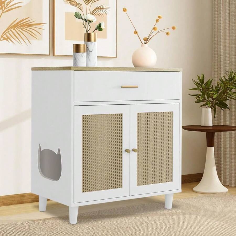 Mueble oculto para caja de arena de gato con cajón de almacenamiento, gabinete de madera para arena de gatos - Unitalla - Ver 1