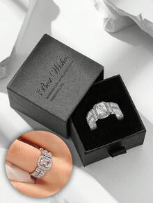 Juego de anillo abierto de circonita cúbica súper brillante de lujo en caja de regalo, joyería de alta gama para mujeres en bodas y fiestas, material de cobre sin decoloración ni alergias, regalo ideal para días festivos