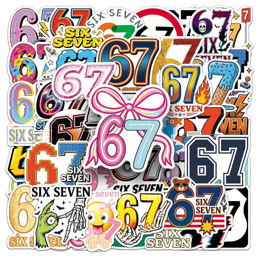 50张趣味6/7贴纸套装，剪贴簿美学贴纸，表情贴纸礼物，卡通涂鸦贴纸，6/7趣味贴纸，防水乙烯基贴纸，适用于水瓶、电脑、笔记本电脑、手机、行李箱、笔记本、冰箱等。