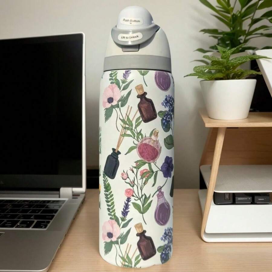 Owal'o 32oz Stainless Steel Insulated Water Bottle - Available In Various Floral Patterns / Keeps Drinks Hot Or Cold / Features A Stainless Steel Body, A Push-Button Dustproof Lid, And A Plastic Straw. - trắng - Xem 1