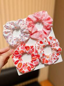 4pcs Multi-Color Scrunchies With Fashionable Heart "LOVE" Elements, Perfect Valentine's Day Hair Accessory Gift For Cute Girls, Suitable For Daily Wear, Casual, And Valentine's Day - Multicolor - View 2