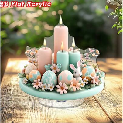 2D Flat Easter Bunny & Egg Acrylic Decor | Rotating Tabletop Decoration With Lights, Candles, Decorative Flowers And Cute Rabbit Design, Suitable For Holiday Home Decor