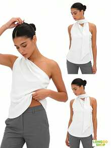 Made From Lightweight And Comfortable Linen, Perfect For The Brazilian Climate. The One-Shoulder Design With A Neck Tie Adds A Chic Touch Without Being Over The Top – Ideal For Combining Sophistication In The Office, And Also For Going Out With Friends After Work. It Easily Pairs With Trousers, Skirts Or Shorts, Making It A Versatile Piece That No Modern Woman's Wardrobe Should Be Without! - 白色 - 查看 6