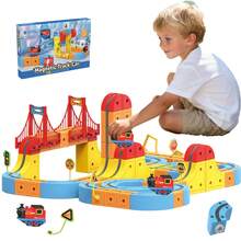 3D木制积木火车轨道套装，含火车和交通标志，STEM玩具，神奇轨道立方体积木，电动高速轨道火车，适合3-8岁儿童，生日派对礼物，66件USB充电电动火车玩具 - 彩色 - 查看 3