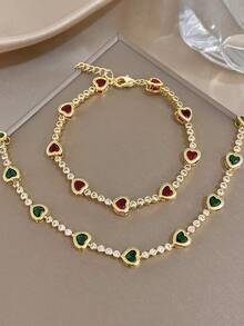 1Pc Retro Luxury Heart Ruby Red Bracelet, Multi-Color Zirconia,Copper Gold Jewelry Dainty Chain,For Women,Daily/Boho/Party/Christmas,Valentine Birthday - Multicolor - View 4