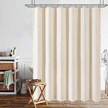 Boho Farmhouse Shower Curtain Linen Rustic Weighted Striped Cloth Shower Curtain Set With Tassel Water Repellent Bohemian Vintage Country Fabric Shower Curtain For Bathroom Cream/Beige 72x72 - A - 奶油色+72英吋寬 x 84英吋長(1 件裝) - 查看 6