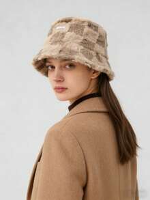 1pc Women's Brown Textured Faux Fur Bucket Hat - Warm Fluffy Winter Cap Winter Outfits Fall - Multicolor - View 4