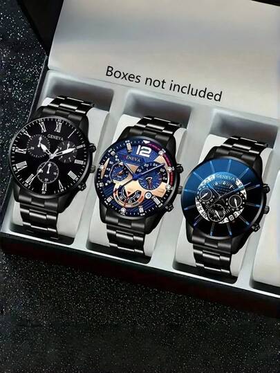 3件套男士手表，休闲商务风，不锈钢表带，石英腕表组合套装，腕表派对礼物，海滩度假情人节礼物