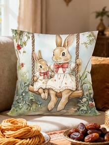 1个复活节抱枕套，18*18英寸，兔子一家和花卉图案，节日氛围浓厚，涤纶材质，农舍风格，非常适合沙发、客厅、卧室等家居装饰，不含枕芯，复活节装饰，春季主题派对用品