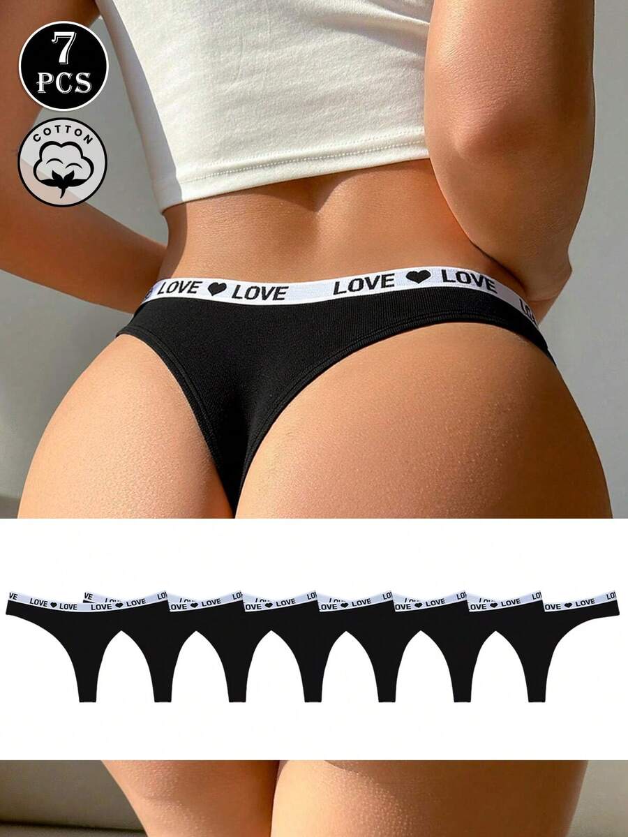 7 件装黑色低腰无缝性感女式丁字裤带字母松紧带，柔软舒适棉质运动短裤内裤