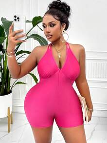 Solid Color Halterneck Strappy Backless Jumpsuit - Rose Red - View 5