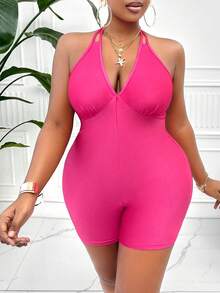 Solid Color Halterneck Strappy Backless Jumpsuit - Rose Red - View 6