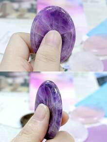 2件天然紫水晶和虎眼石雕刻拇指按摩石，手工椭圆形拇指按摩放松掌石套装 - 彩色 - 查看 3