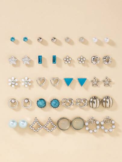 20件/套 女士金属、水钻和仿珍珠花朵、三角形、圆形耳钉套装