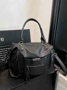 时尚前卫大容量女士手提包，PU皮革材质 - 黑色 - 查看 7