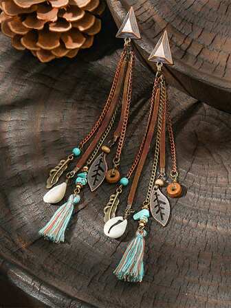 1 par de pendientes largos con borlas coloridas de estilo bohemio de cuerda de cuero para mujeres