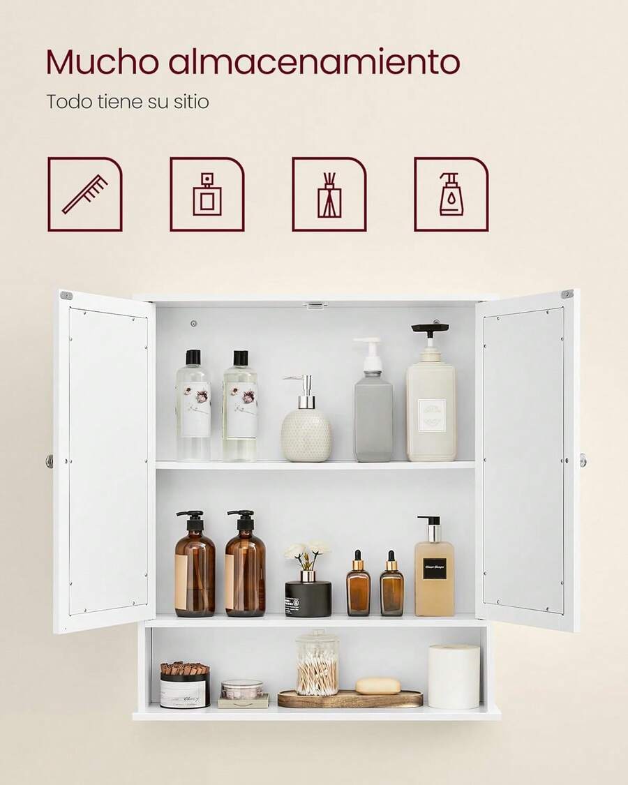 VASAGLE Armario de Baño, Armario de Pared, 15 x 65 x 75, Puerta con Doble Espejo, Estantes de Altura Ajustable, Blanco MLHC012W01 - Blanco - Ver 1