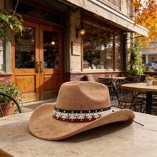 Women Men Cowgirl Hat, Vintage Stars Rivets Roll-Up Wide Brim Western Hat For Club Party - Lạc đà - Xem 3