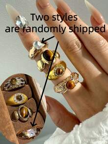 4 件套优雅奢华复古高端虎眼锆石镶嵌戒指套装，女士节日礼物派对珠宝，百搭日常佩戴配饰 - 彩色 - 查看 2
