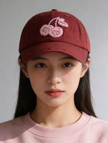 1 Stück süße Kirsche Herz bestickte weiche Lässig Sonnenhut, vielseitig für den täglichen Gebrauch, geeignet als Valentinstags-Geschenk - Bordeaux - Übersicht 3