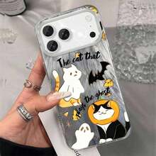 Funda para iPhone 17 16 15 14 13 12 11 Plus con diseño de gato de Halloween, estilo divertido, agujeros grandes, gasa de plumas y alta estética, protectora, Funda Antigolpes,Cubierta Resistente a Caídas,Textura de Pluma,Funda de Teléfono Duradera,Accesorio de Teléfono Estiloso,Entusiastas de los - Plateado - Ver 1