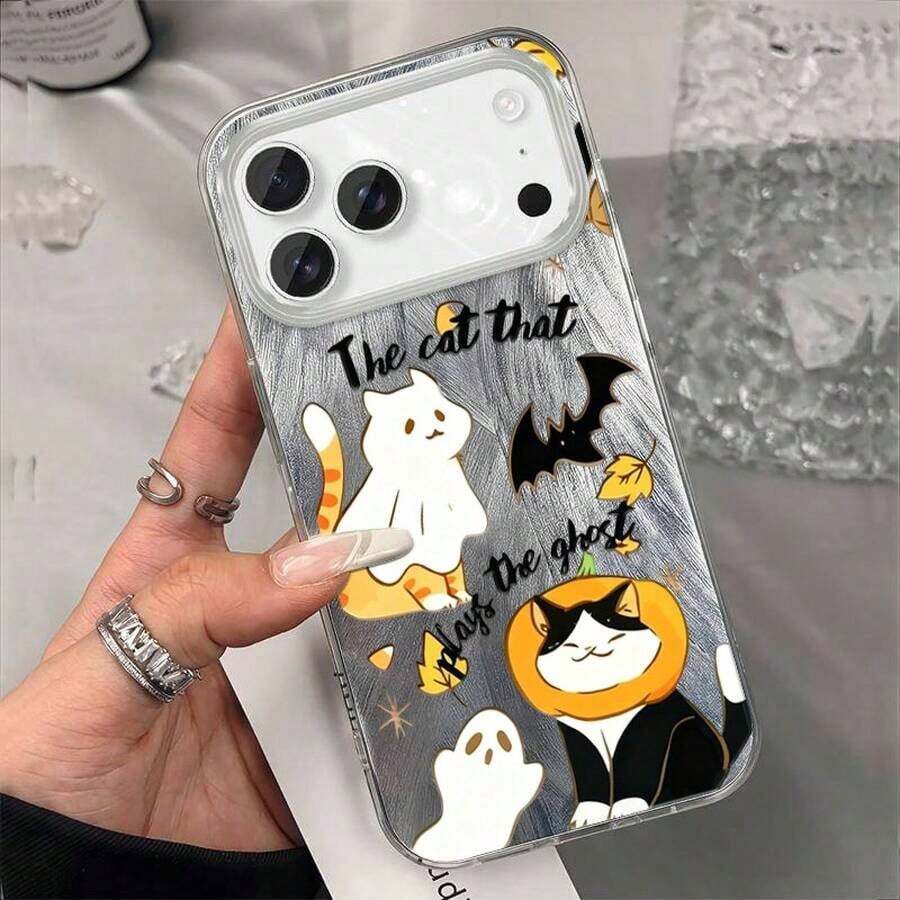 Funda para iPhone 17 16 15 14 13 12 11 Plus con diseño de gato de Halloween, estilo divertido, agujeros grandes, gasa de plumas y alta estética, protectora, Funda Antigolpes,Cubierta Resistente a Caídas,Textura de Pluma,Funda de Teléfono Duradera,Accesorio de Teléfono Estiloso,Entusiastas de los - Plateado - Ver 1