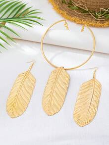 独特几何叶片纹理大羽毛项链耳环首饰套装，优雅百搭，女士礼物之选