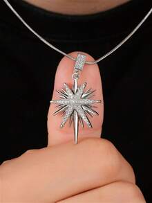 1pc Fashionable Retro Personalized Versatile Style Micro-Paved Cubic Zirconia Pendant Copper Color-Blocked Eight-Pointed Star Pendant Necklace, Can Be Worn By Both Men And Women, Suitable For Daily Travel And Vacation Decoration, Valentine's Day, Birthdays, And Preferred Gifts - Multicolor - View 6