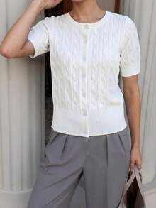 GIGOGOU 时尚夏季抽绳女士针织T恤修身短袖开衫上衣套装 - 白色 - 查看 5