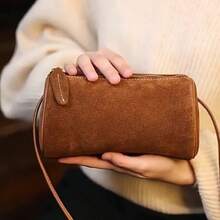 Vintage Mini Crossbody Bag For Women – Matte Suede PU Barrel Shoulder Bag, Minimalist Retro Small Handbag For Daily Use, Shopping & Casual Outings - 棕色 - 查看 3