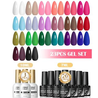 peacecolor 23 piezas Juego de Esmalte de Uñas en Gel, Incluye Base Coat de 10ml, Capa Superior Mate y Capa Superior Brillante, 20 Colores Rojo Rosa Azul Verde Esmalte de Uñas en Gel, Diseño de Arte de Uñas DIY para Mujeres, Regalo para Salón de Uñas
