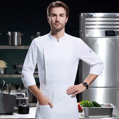 1pc Men's Solid Color Long Sleeve Button Design Mandarin Collar Chef Shirt, Unisex White Chef Uniform Suitable For Kitchen, Bakery, Restaurant And Hotel Work