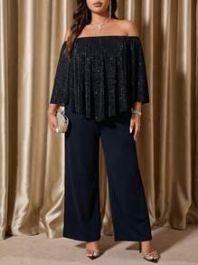 Voworia Plus Size Jumpsuit With Off Shoulder Design, Fashionable & Elegant, Early Autumn - Navy Blue - View 1