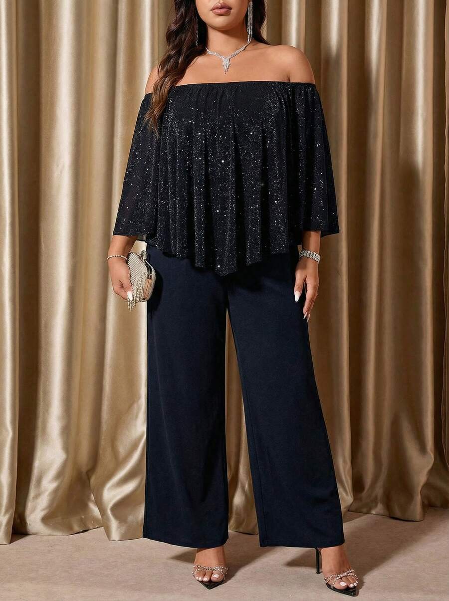 Voworia Plus Size Jumpsuit With Off Shoulder Design, Fashionable & Elegant, Early Autumn - Navy Blue - View 1