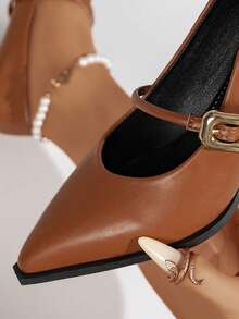 Women's Solid Color Ankle Strap Chunky Heel Pointed Toe Brown High Heels, Versatile & Comfortable Dress Shoes - Brown - View 6