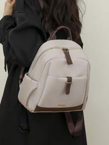 Ransel Wanita Modis dengan Warna Kontras, Tas Perjalanan Ringan Kasual Kapasitas Besar Serbaguna untuk Aktivitas Luar Ruangan, Tas Sekolah untuk Mahasiswa (Lihat Detail Warna) - Krem - View 3