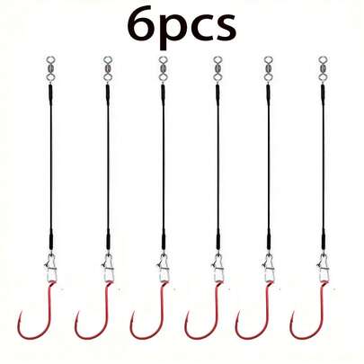 6pcs Fishing Tackle Set, Includes 6 Pcs High Carbon Steel Fish Hooks. Red Curved Barbed Fish Hooks With Steel Wire, Sharp, Ideal Companion For Fishing