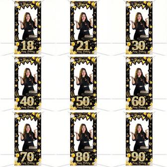 AFYPRTY 1pc Black & Gold Happy Birthday Theme Photo Frame Backdrop, Polyester Fabric Party Background, Suitable For 18/21/30/40/50/60/70/80 Birthday Decoration, Holiday Party Photo Prop, Indoor/Outdoor Backdrop, Party Photography Prop And Decor