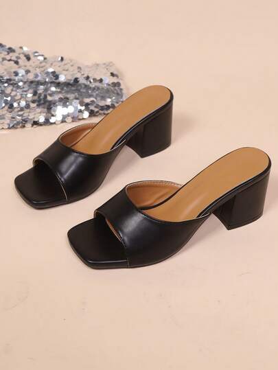 Women's Open Toe Mule Sandals, Fashionable Minimalist Style For Commuting And Dating, Black Thick Heel High Heels For Summer