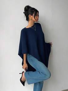 2025简约舒适披肩上衣优雅端庄春秋时尚优雅宽松针织披肩上衣女宽松版型轻薄秋季休闲旅行沙滩百搭风 - 藏蓝色 - 查看 3