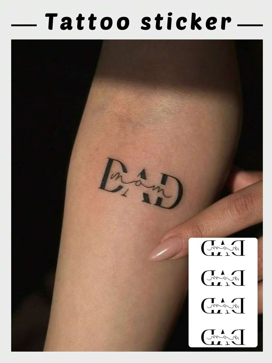 1pc Waterproof, Sweat-Resistant, Washable Creative Reverse DAD&MOM Tattoo Sticker, Simple Letter Design, Parent-Child/Family Style, Temporary Tattoo Sticker - Black - View 1