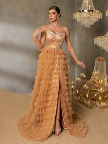 Faeriesty Women's Strapless Sequin Mermaid Maxi Dress, Multi-Layer Sheer Skirt, High Slit Design, Paired With Sheer Long Sleeves, Suitable For Red Carpet Galas, Formal Dinners, Weddings, Luxury Balls, And Special Occasions - Khaki - View 5