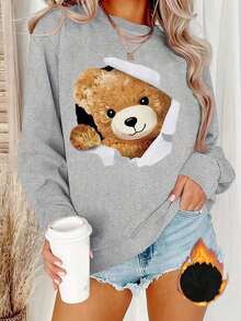 Hoodies For Women2025 New Sweatshirts Women's Teddy Bear Print Round Neck Sweater - Torn Paper Design, Soft And Padded Texture, Machine Washable, Ideal For Casual Fits In Winter And Autumn Loose And ComfortableLoose And Comfortableed Hardy Clothes Tops - 淺灰色 - 查看 10