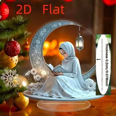 2D Platt, Elegant 2D Akryl Ramadan Flicka Skulptur – Bohemisk Stil Transparent Skrivbordsprydnad Halvmåne & Blommönster, Perfekt För Nyår, Födelsedag & Examenspresenter Konstnärligt Hantverk För Ramadandekor, Islamisk Heminredning
