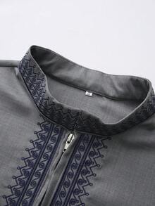 Moroccan Men's Robe, Long Sleeve Embroidered Stand Collar Zip Design, Fashionable Men's Arabic Festival Traditional Clothing
