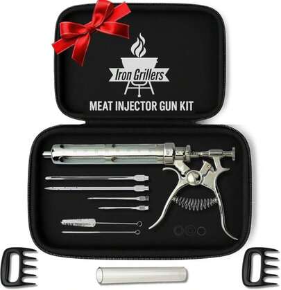 Professional Meat Injector Marinade Gun Kit For Smoking &Amp; Grilling Tender Brisket, Turkey, BBQ - Large 2 Oz Capacity With Metal Protective Case - No Leaks, Clogs Or Mess + Meat Shredding Claws
