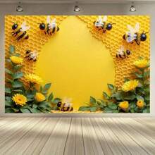 1pc 2D Flat Banner, Polyester Material, Honeycomb & Sunflower Pattern Background Cloth, Multipurpose Banner Suitable For Birthday, Celebration, Garden And Room Decoration, No Electricity Required, Party Backdrop, Banner, Honeycomb Design, Ideal For Bee-Themed Decor - Apricot - View 2