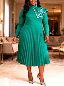 Elegant Plus Size Green A Line Pleated Dress Long Sleeve Stand Collar Midi Length With Asymmetrical Ruffle Sequin Detail Knitted Fabric - màu xanh lá - Xem 5